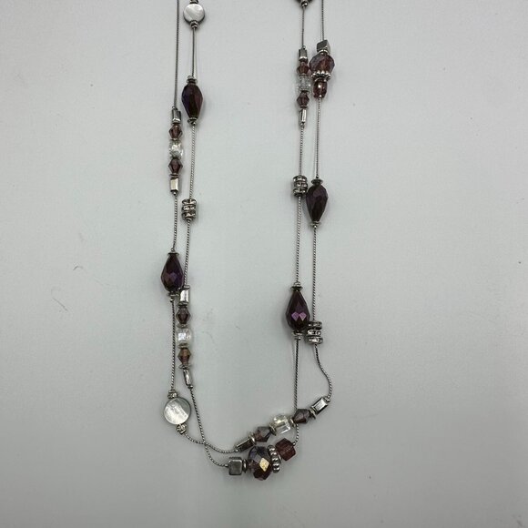 Long Necklace Purple Beads Glass Mother of Pearl Silver Tone Chain Layered - Picture 2 of 15